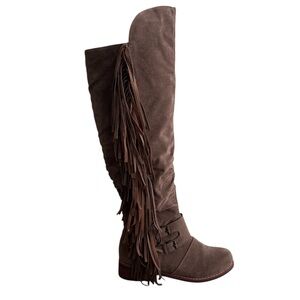NWOB Brown Vegan Suede Over Knee Fringe Riding Boot Lined Western Boho Sz 6.5